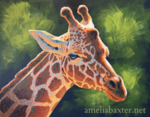 Colourful painted portrait of a giraffe on green background.